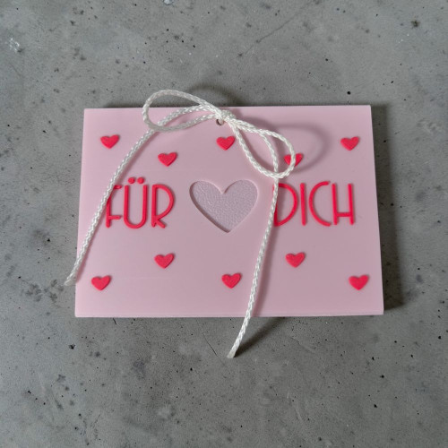 Rosa 3D Karte mit Schriftzug „Für Dich“, Herz und dekorativen kleinen Herzen